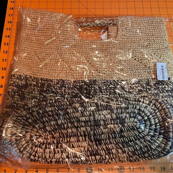 Able Tan and Black Woven Grass Tote Bag with Leather Handle - Picture 2 of 4